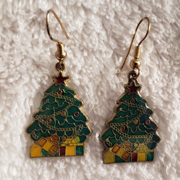 Vintage Decorated Christmas Tree Earrings Metal and Enamel - Picture 1 of 5